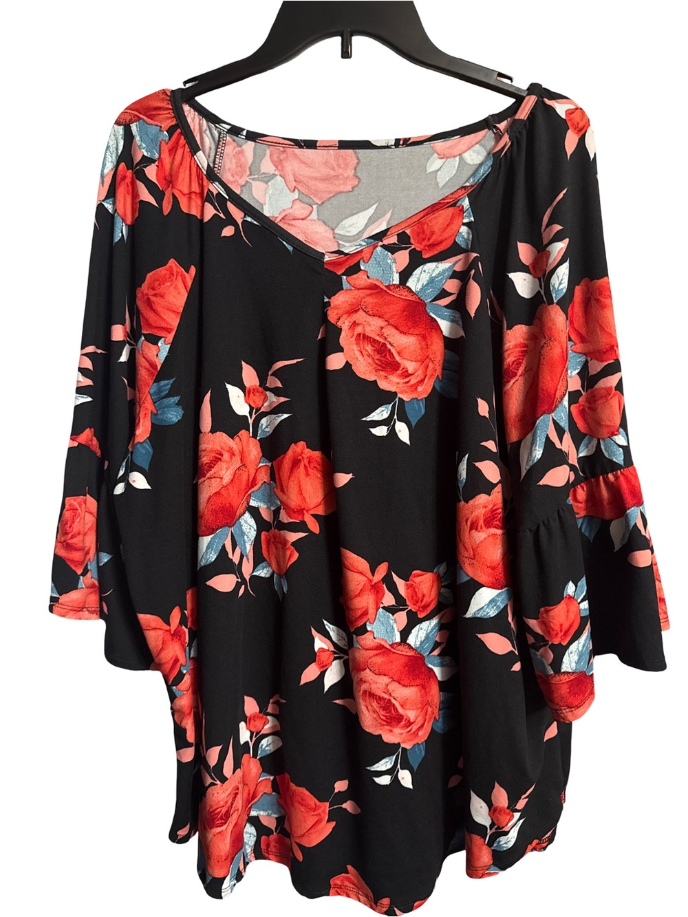 Floral V-Neck Black Top with Red Rose Print